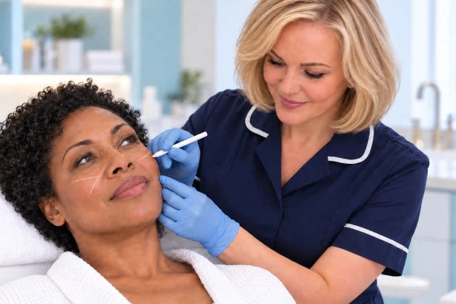 A Nurse Prescriber marking the cheek before treatment